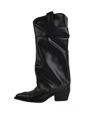 Black slouched knee-high cowboy boots with pointed toe, relaxed shaft, low angled block heel, and smooth synthetic leather finish