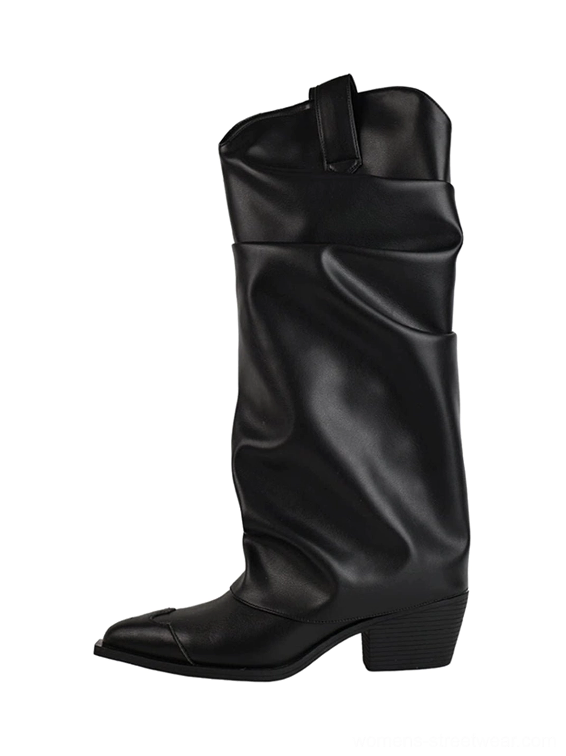 Black slouched knee-high cowboy boots with pointed toe, relaxed shaft, low angled block heel, and smooth synthetic leather finish