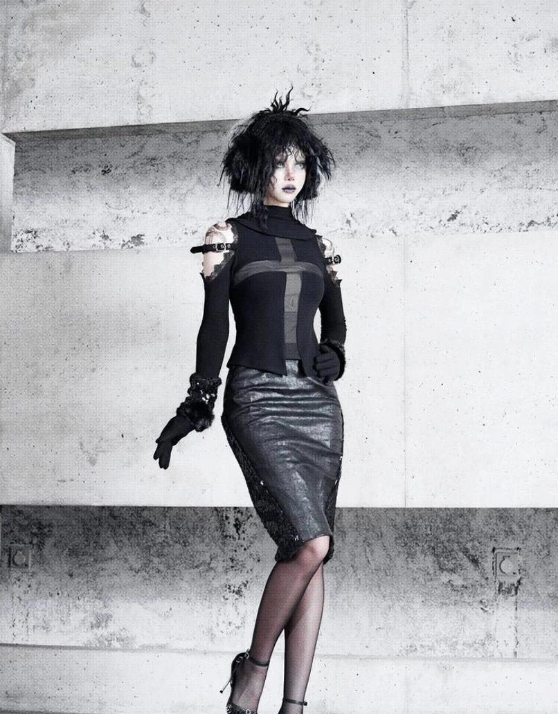 Black gothic high-waist pencil skirt with reptile mesh side inserts chain accents and faux fur trim