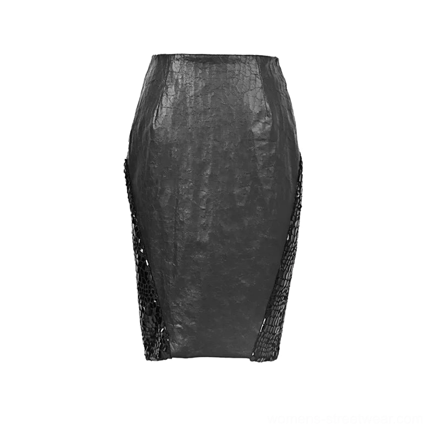 Black cracked faux leather midi pencil skirt with snakeskin mesh panels and faux fur gothic waist detail