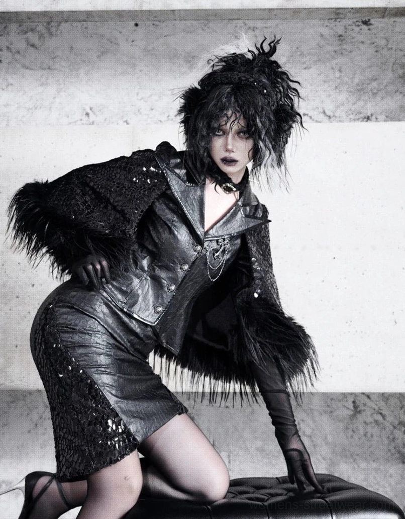 Black snakeskin mesh faux fur pencil skirt in an editorial gothic streetwear outfit with matching cape jacket