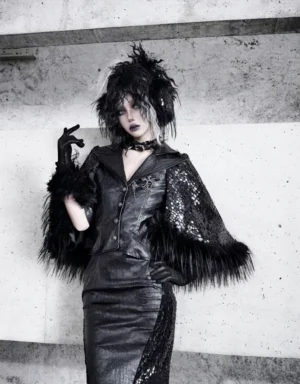 Front view of gothic black snakeskin mesh faux fur pencil skirt styled with a matching cape jacket in a dark streetwear outfit