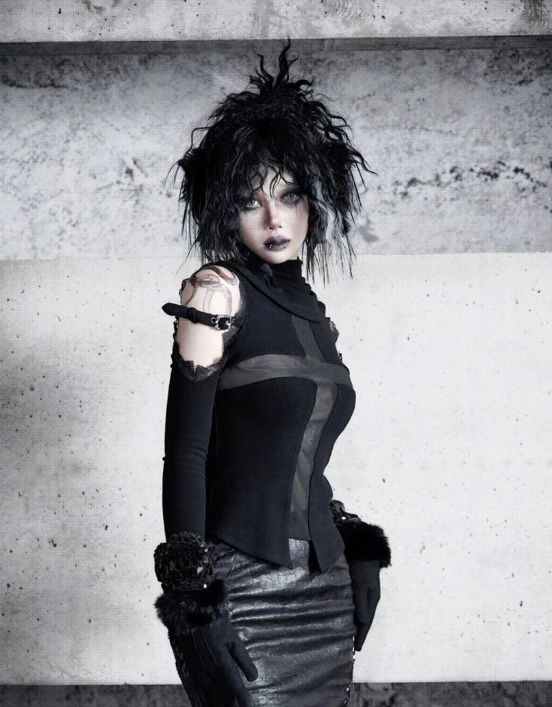 Black snakeskin mesh pencil skirt for gothic streetwear and avant-garde dark feminine styling
