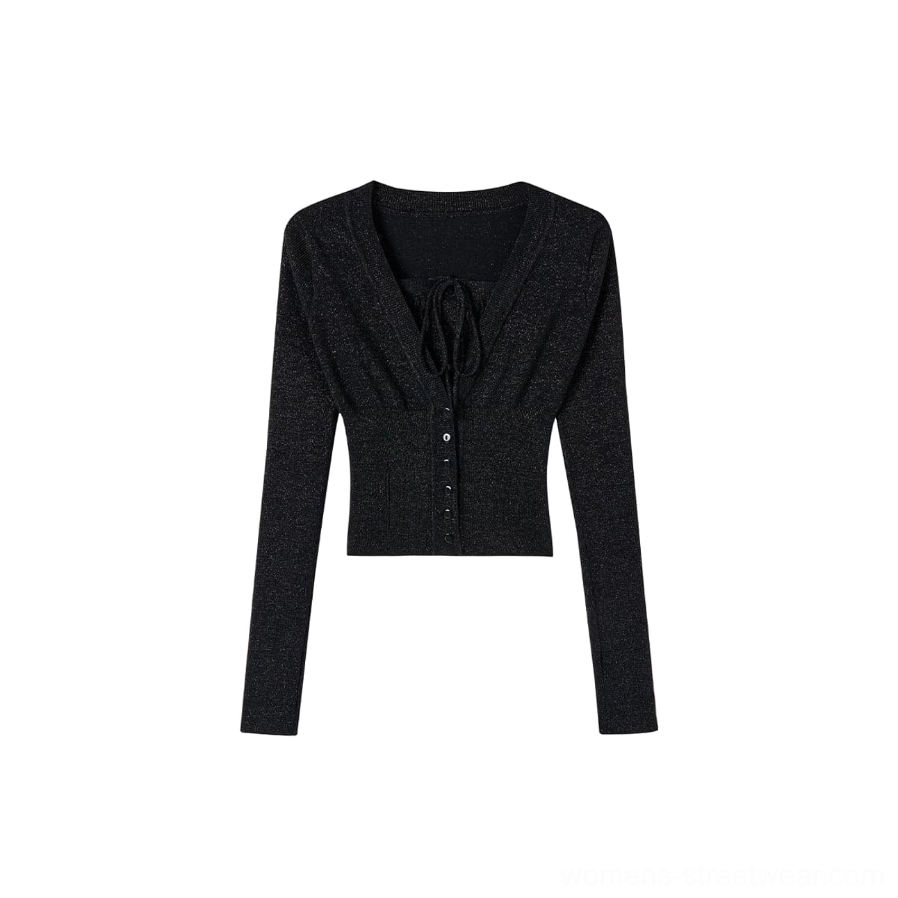 Flat lay front view of a black sparkly cropped knit top featuring faux two-piece halter styling, ruched bust, front buttons and fitted long sleeves