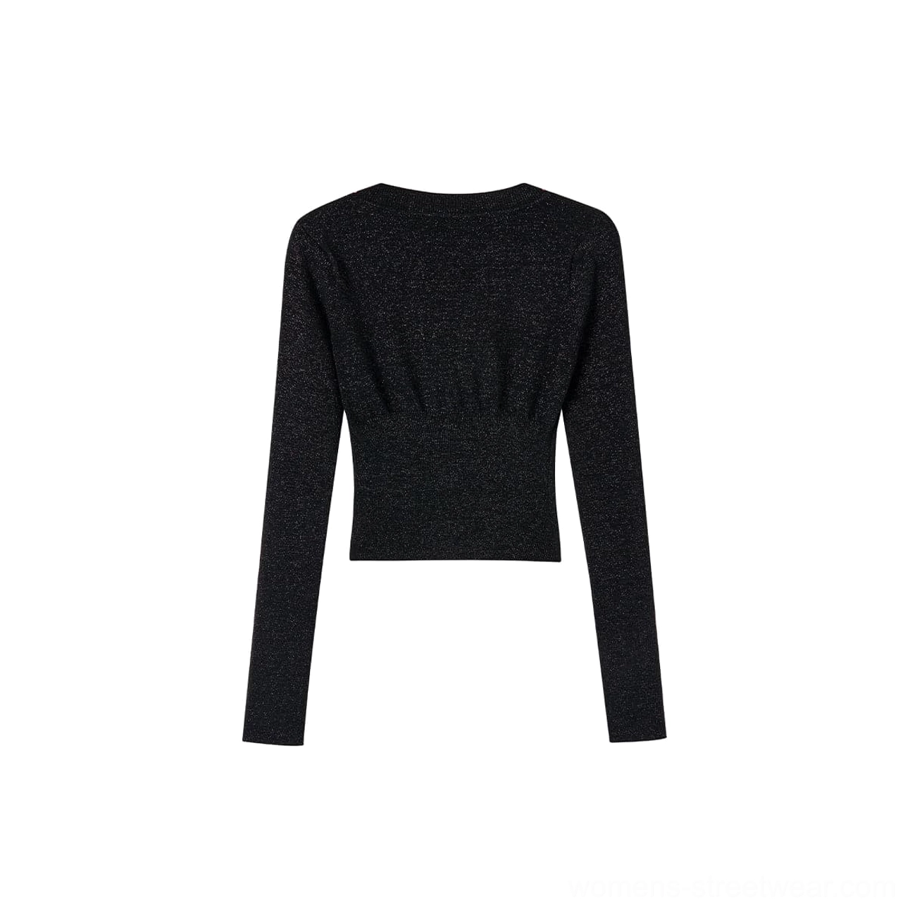 Back flat lay view of a black sparkly cropped knit top showing ruched waist detail, fitted long sleeves and cropped hem