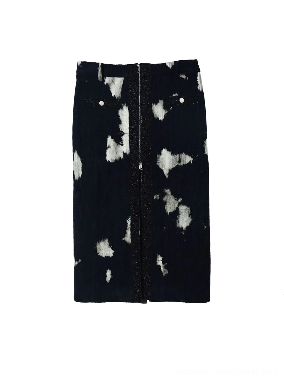 Flat lay of black speckled corduroy midi skirt showing front zipper, decorative side pocket buttons, and splash print