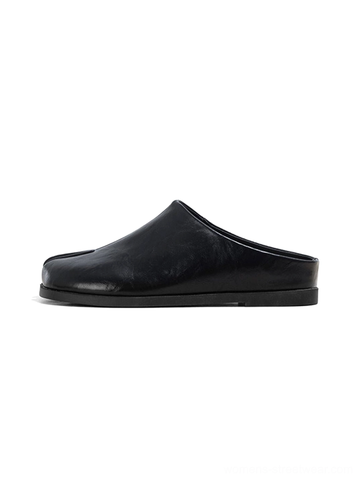 Black split-toe leather backless flat mules shown from the side on a white background
