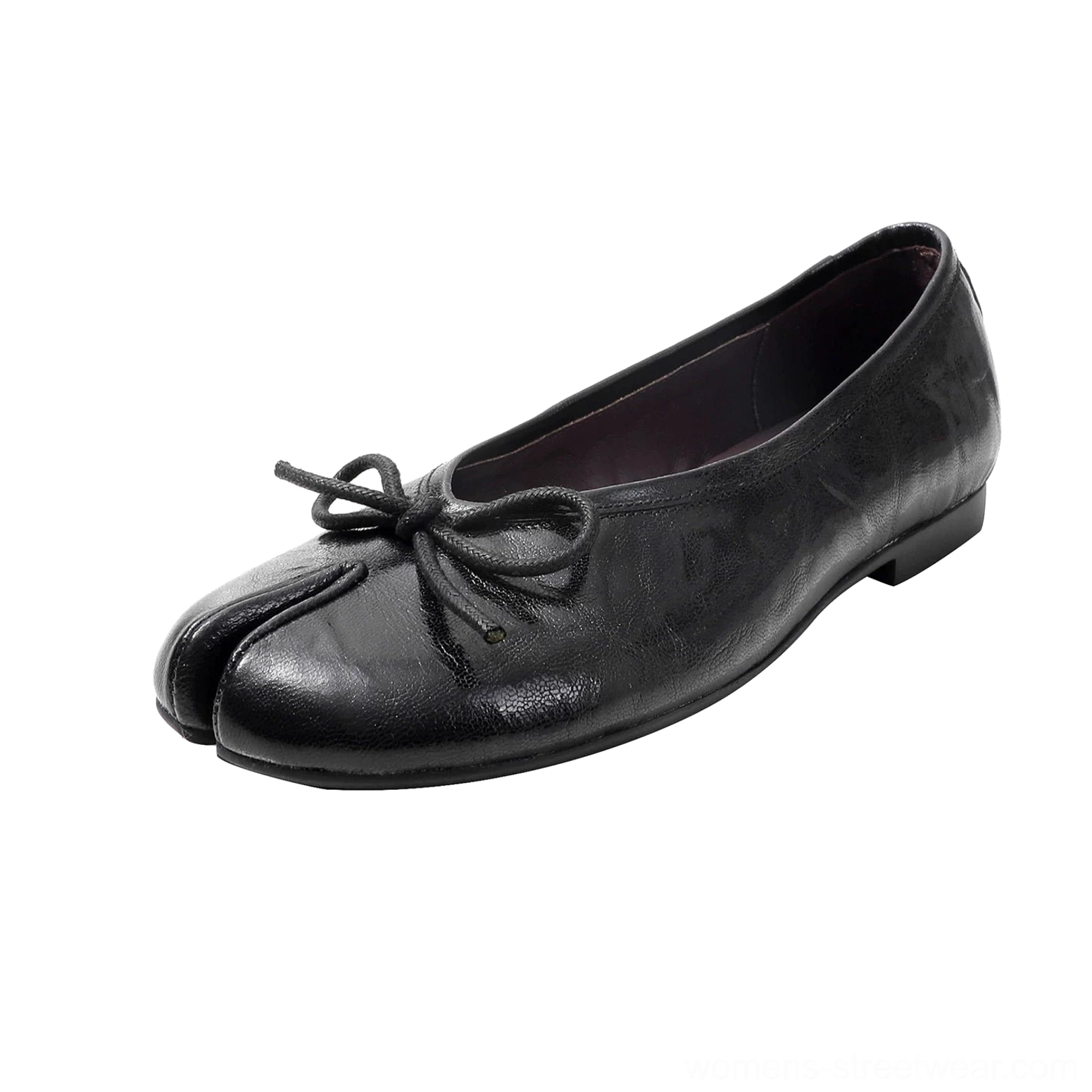 Black split-toe leather ballet flat with front bow ornament and low-profile heel side view on white background