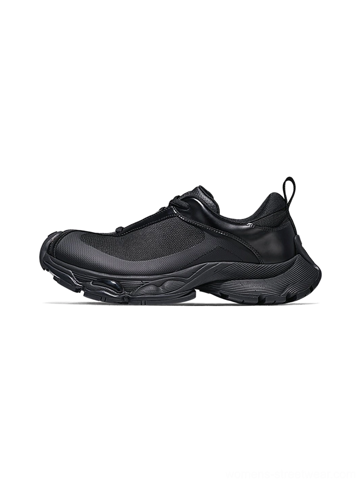 Black split-toe technical runner sneaker with layered synthetic panels, padded collar, and chunky traction outsole