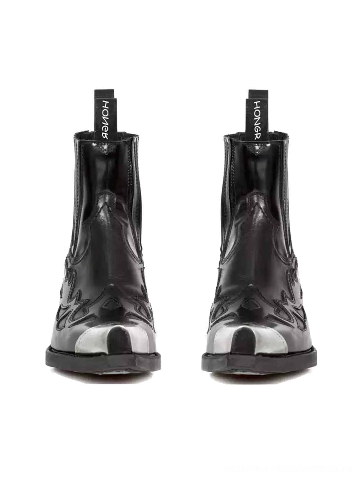 Front product view of black square metallic toe block heel Chelsea boots showing silver toe caps, western stitching and pull tabs
