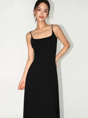 Black square neck knit maxi slip dress with spaghetti straps and fitted bodice front view