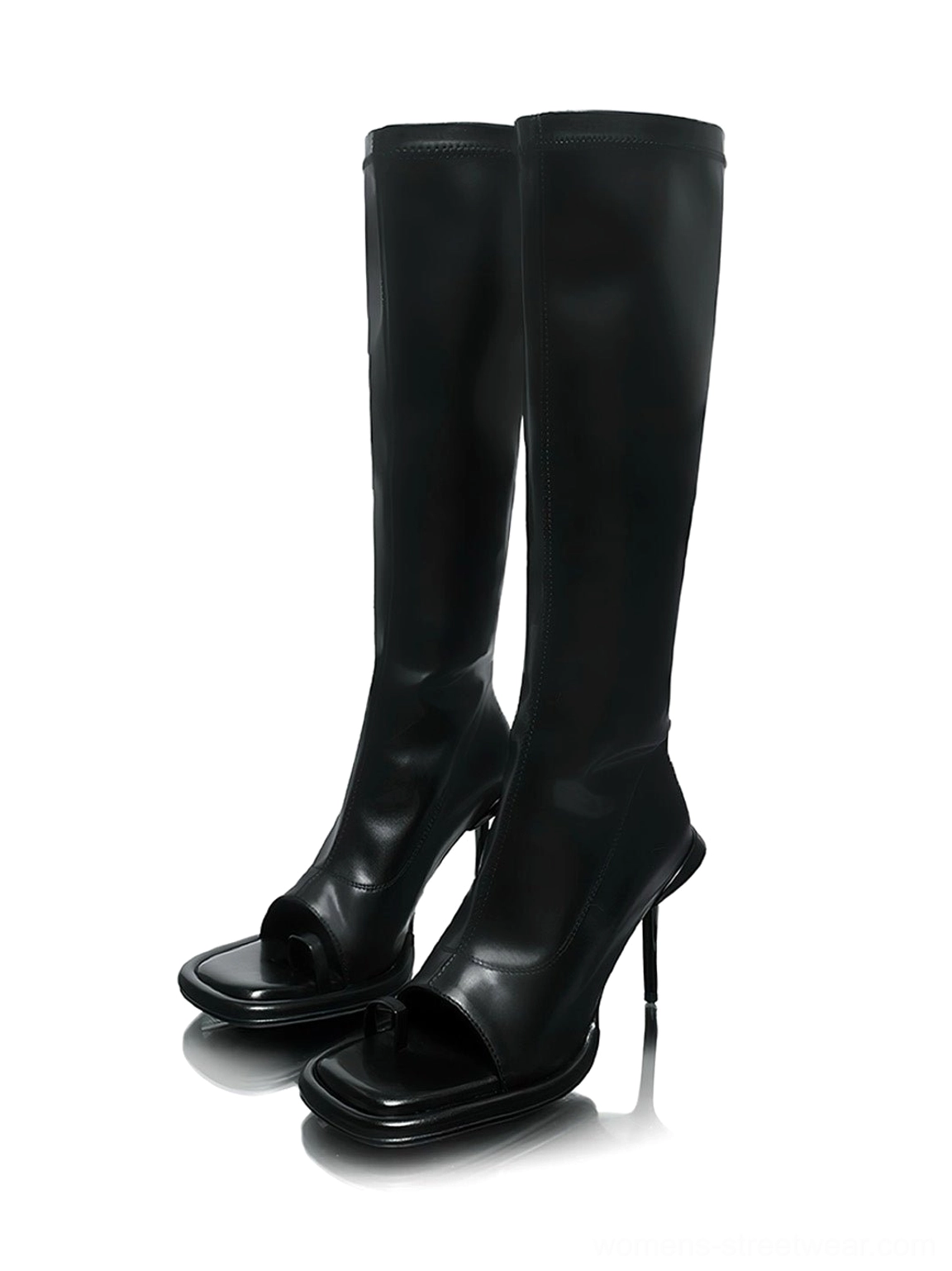 Pair of black square peep toe stiletto knee high boots for women on a white studio background