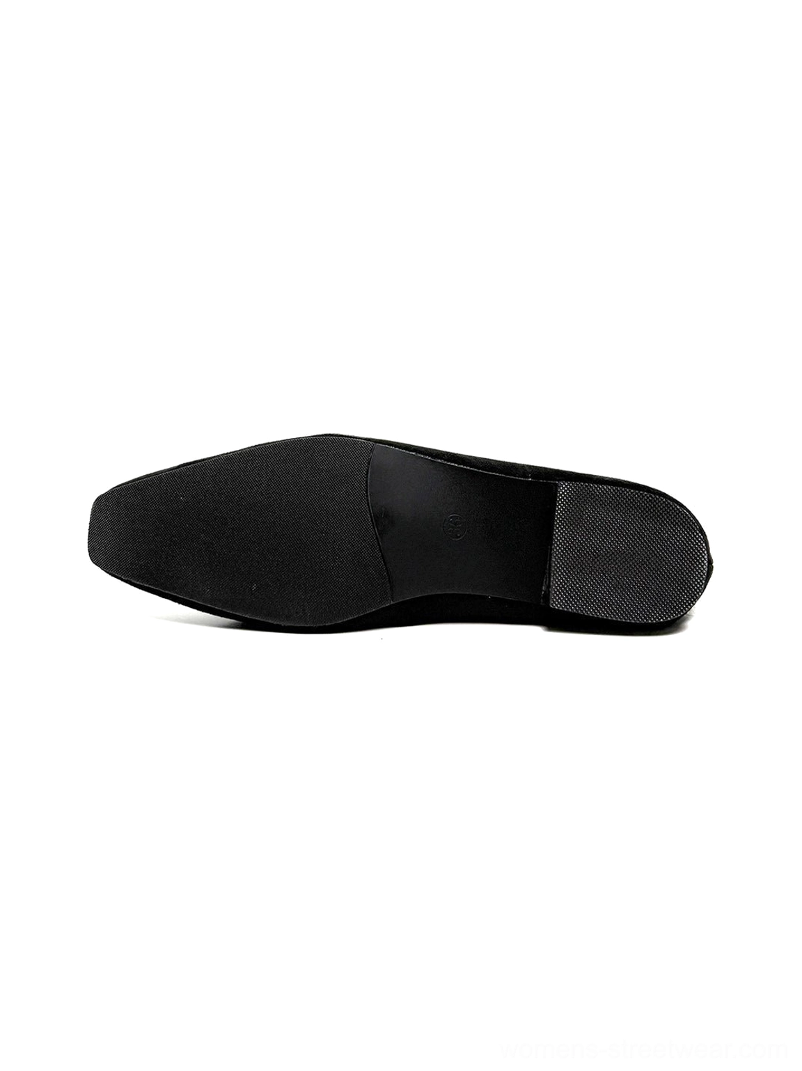 Bottom side view of a black square-toe ballet flat showing the low-profile black rubber outsole