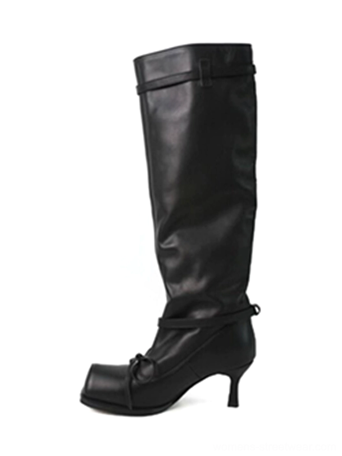 Black square-toe bow knee-high leather boots shown in a frontal flat lay view with smooth leather, ballet-inspired bow strap, relaxed shaft, and elegant low heel