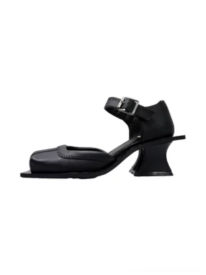 Black square-toe cutout block-heel sandals shown from the left side with smooth synthetic leather upper, sculpted heel, and adjustable ankle strap