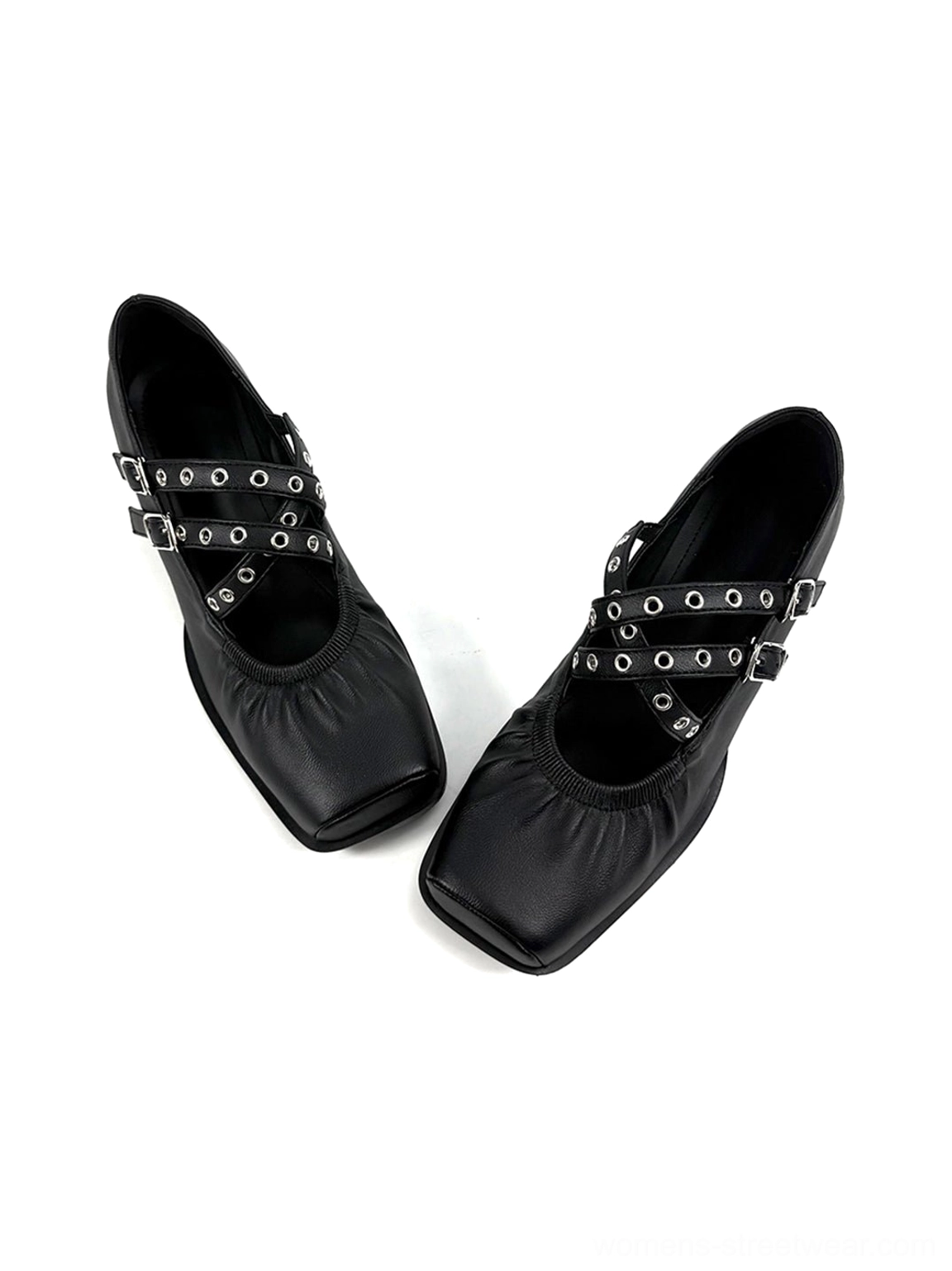 Front flat lay of black square-toe double-strap Mary Jane flats with matching silver buckle details