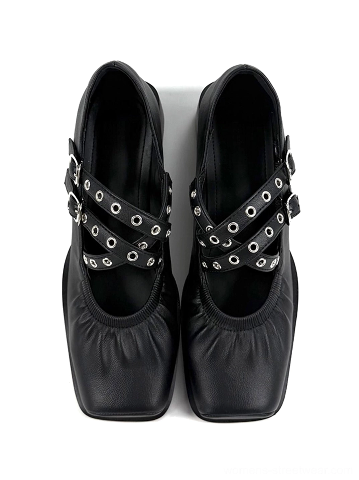 Black square-toe double-strap Mary Jane flats featuring ruched toes silver buckle straps and a low heel