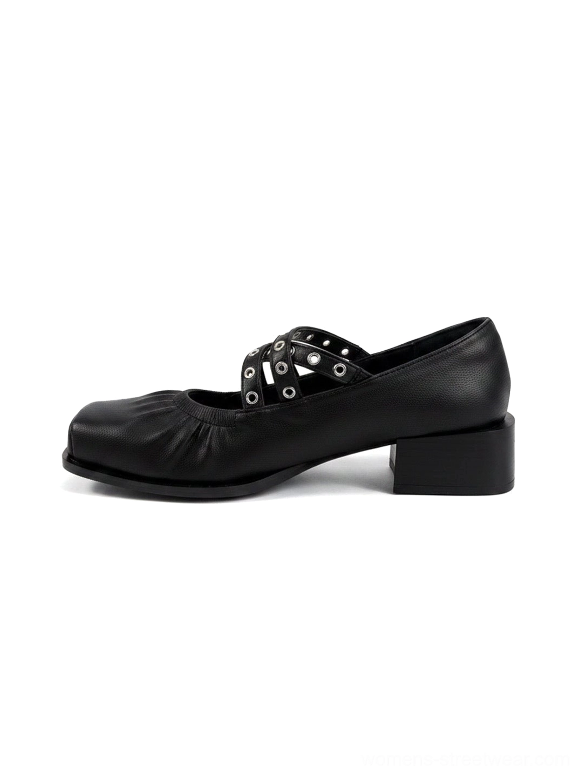 Black square-toe double-strap Mary Jane flats side view with ruched toe silver grommet buckles and low block heel