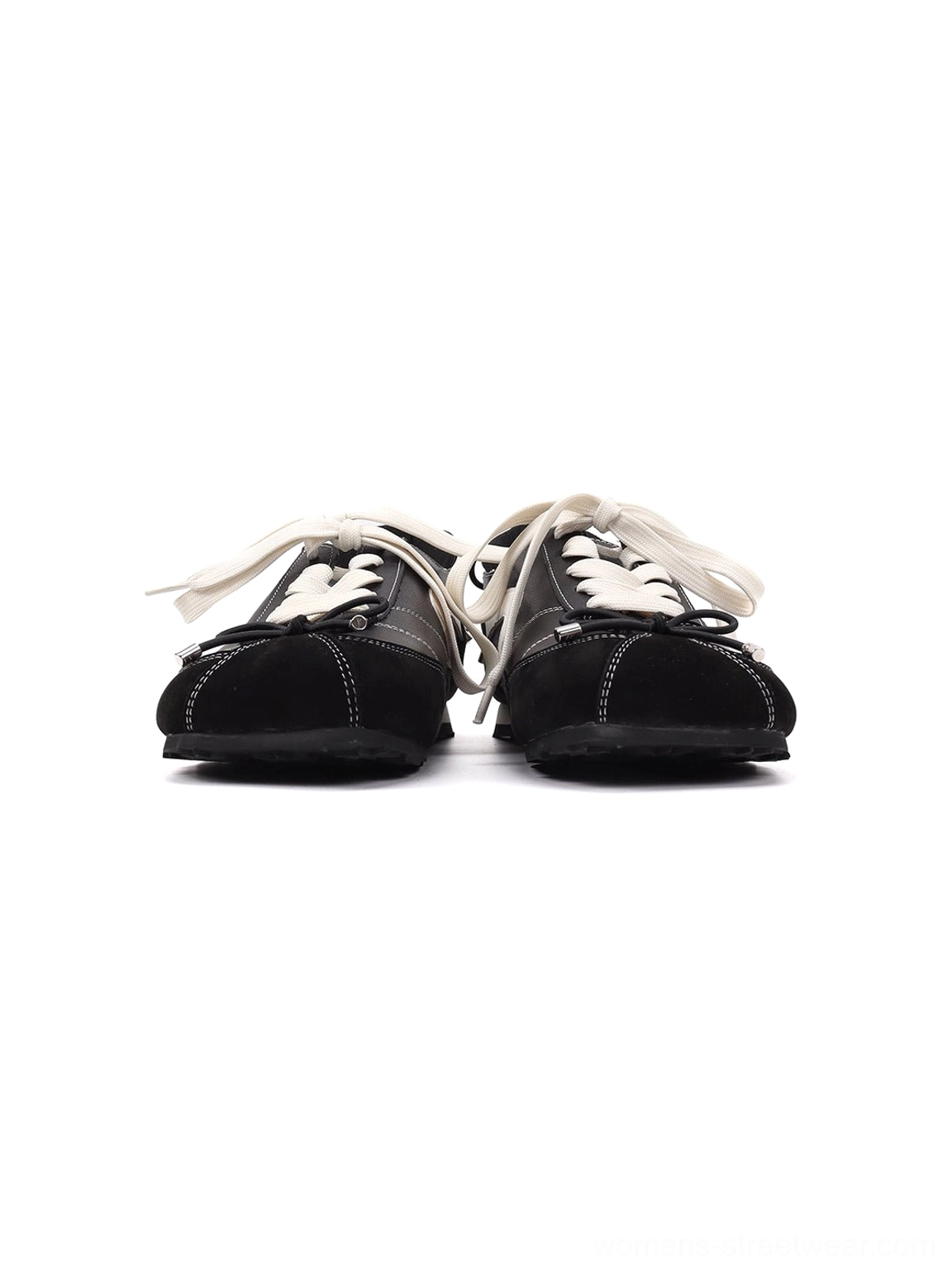 Front view of black square-toe lace-up ballet flats with neat leather stitching and low flat rubber soles