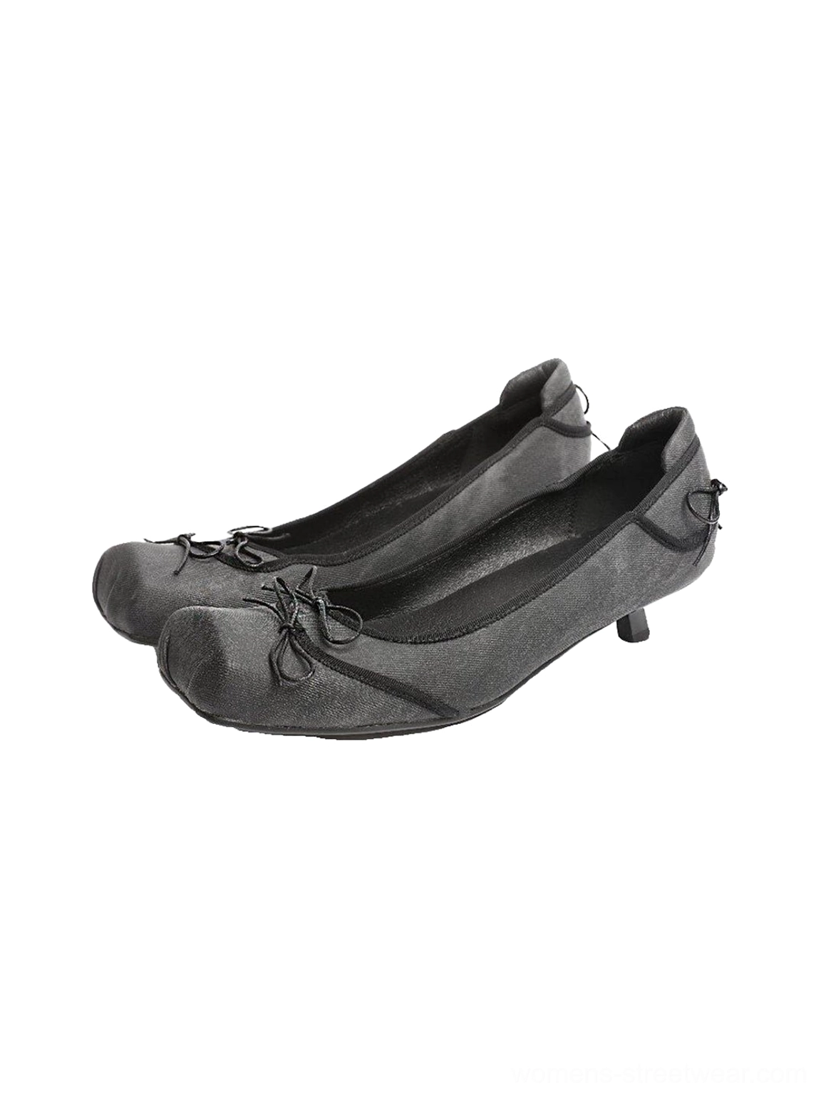 Black washed square-toe mesh ballet flats with black bow accents, fitted topline, and low kitten heels
