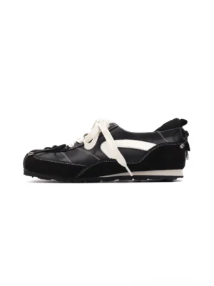 Black square-toe sport ballet flat viewed from the side with white contrast laces, leather upper, and low-profile rubber sole
