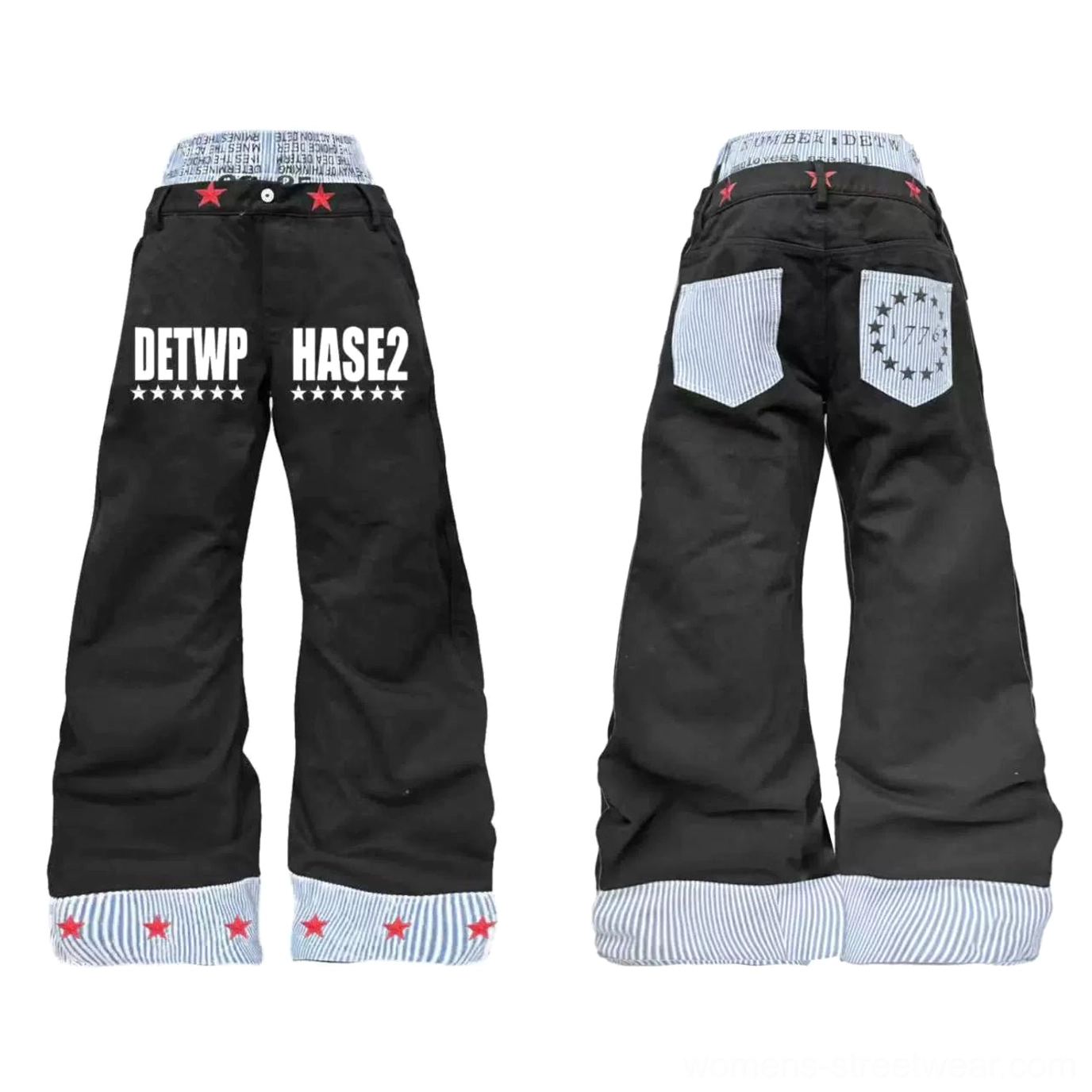 Flat lay front and back view of black star cuff wide-leg jeans with graphic lettering, striped waistband, red star cuffs, and patchwork pockets