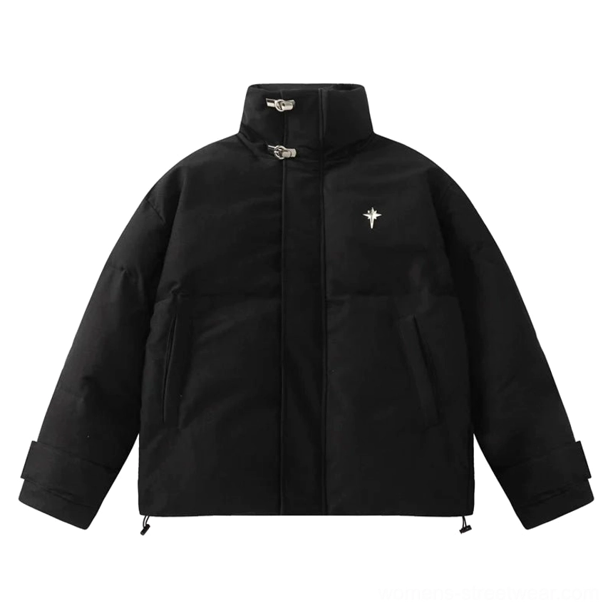 Black star embroidered oversized stand collar puffer jacket streetwear outerwear product view