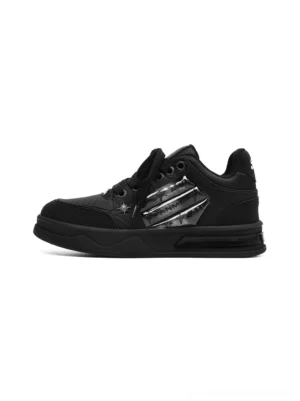 Black star-studded gothic platform sneakers shown in side profile with silver striped overlays, matte black upper, metal star details, and thick rubber outsole