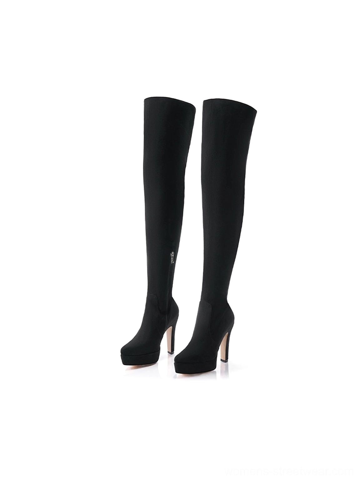 Pair of black stretch suede over-the-knee platform stiletto boots shown from the front on a white background