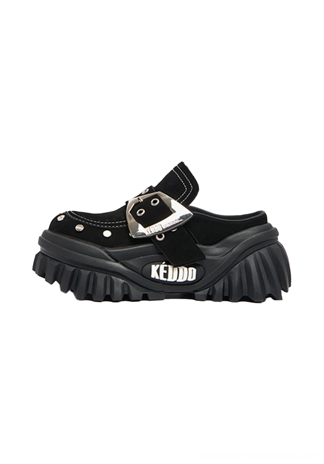 Black studded buckle platform Mary Jane mule shoes with matte leather upper, silver buckle hardware, metal rivets, and chunky black sole