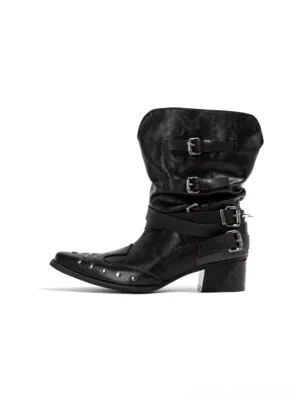 Black studded buckle pointed toe western mid-calf boots side view on white background