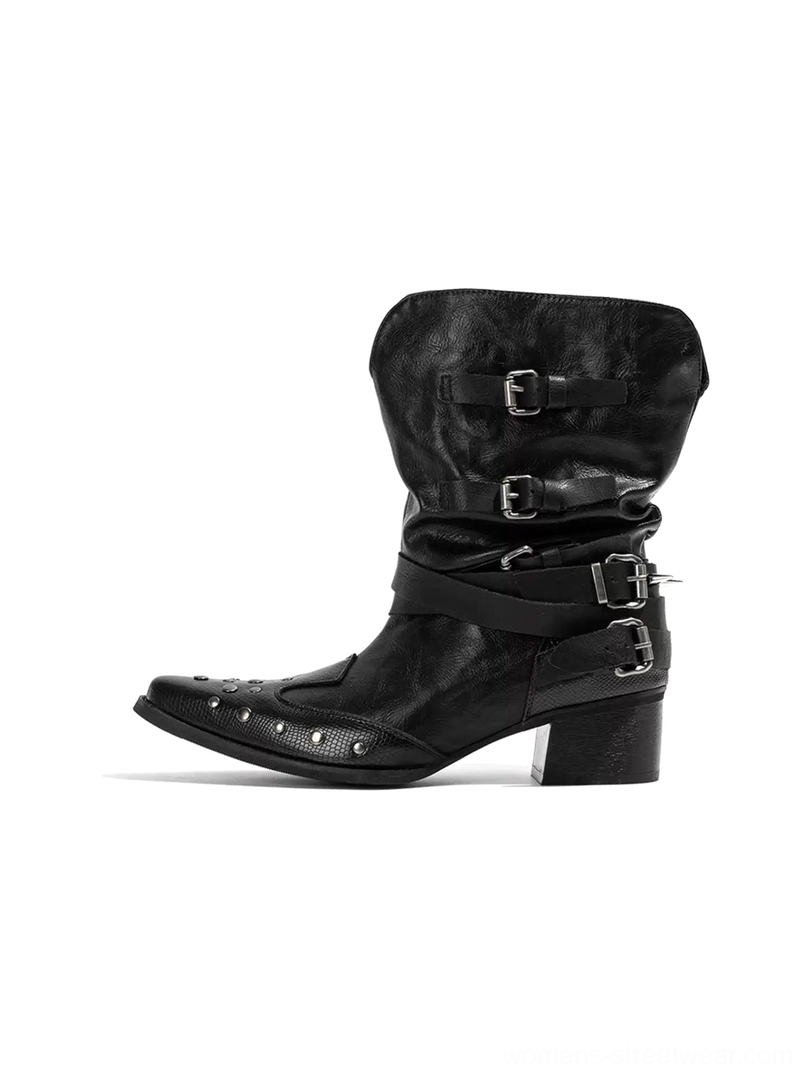 Black studded buckle pointed toe western mid-calf boots side view on white background