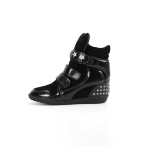 Black studded hidden wedge high-top sneaker boot displayed from the side with triple adjustable straps, star embellishments, mixed-texture upper, and elevated rubber sole