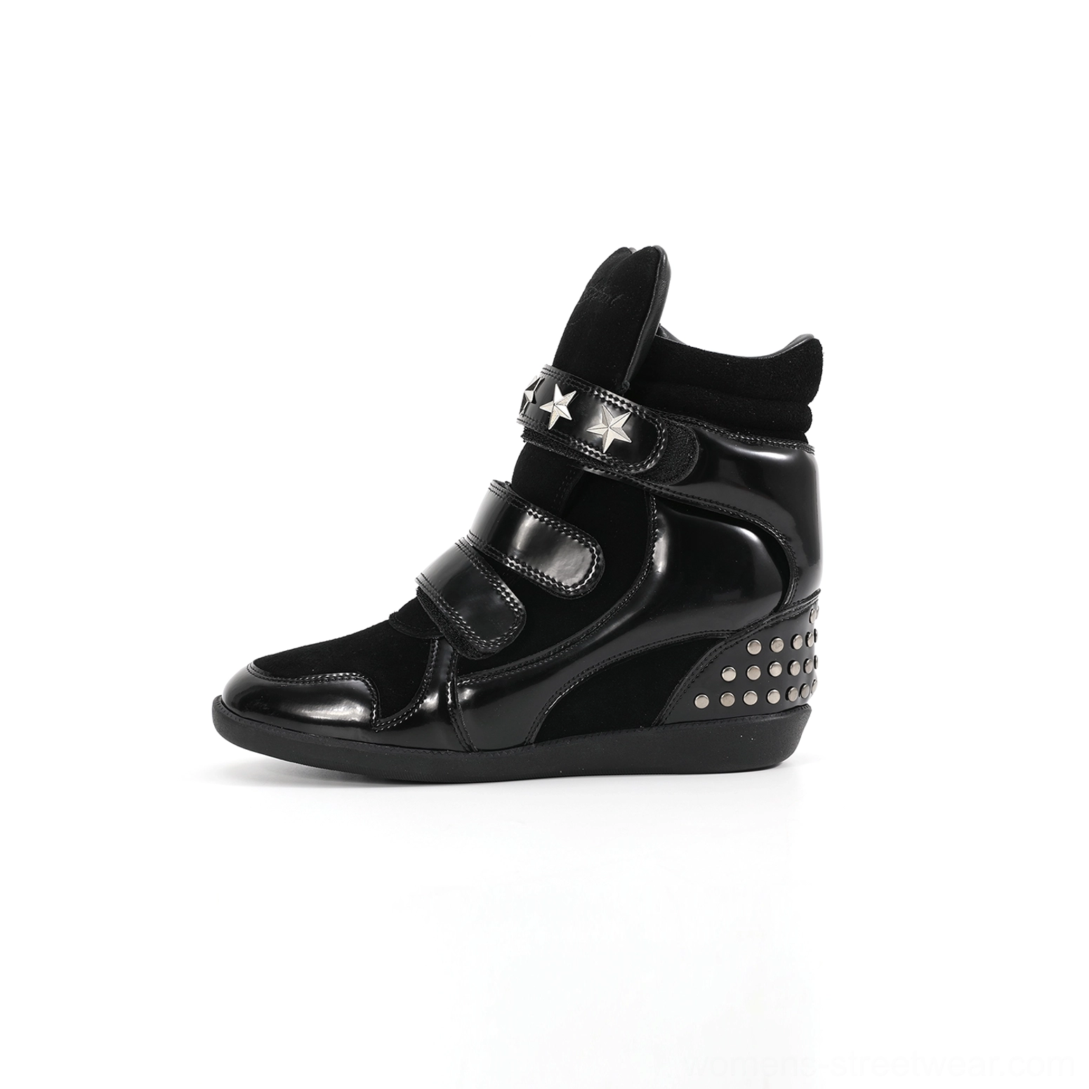 Black studded hidden wedge high-top sneaker boot displayed from the side with triple adjustable straps, star embellishments, mixed-texture upper, and elevated rubber sole