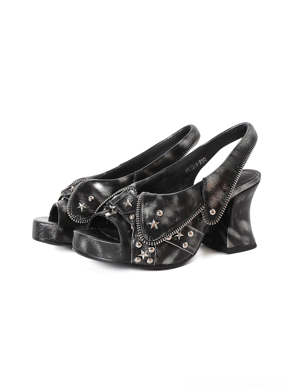 Solid black studded peep-toe slingback block heels with metal rivets zipper trim and western streetwear style