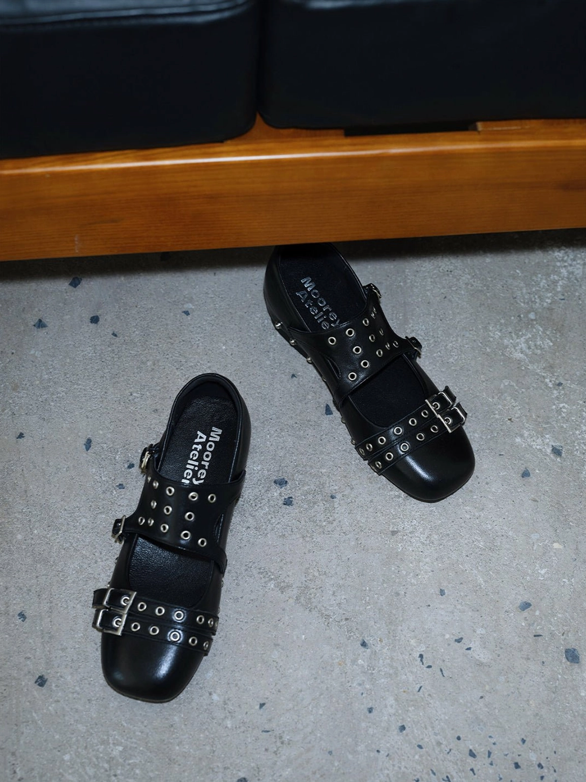 Black studded platform Mary Jane flats for alternative streetwear and Seoul-inspired Y2K styling