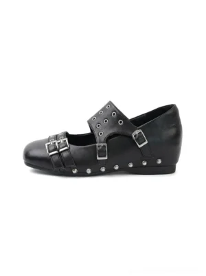 Black studded platform Mary Jane flats with double buckle straps and matte leather-look finish front product view