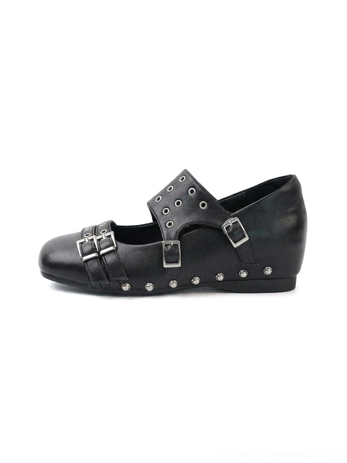 Black studded platform Mary Jane flats with double buckle straps and matte leather-look finish front product view