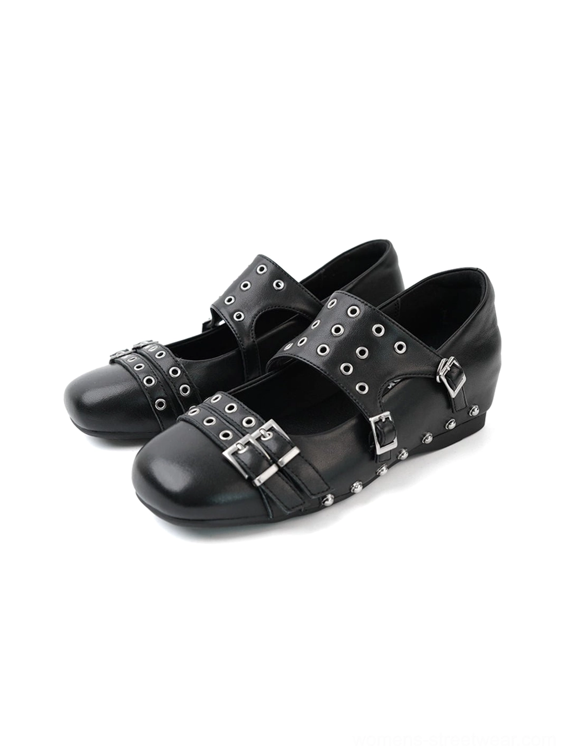 Black studded platform Mary Jane flats product image showing the Y2K goth streetwear shoe design