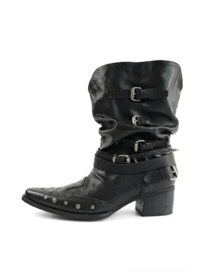 Black studded pointed-toe slouchy biker mid-calf boots side product view with buckle straps and chunky block heel