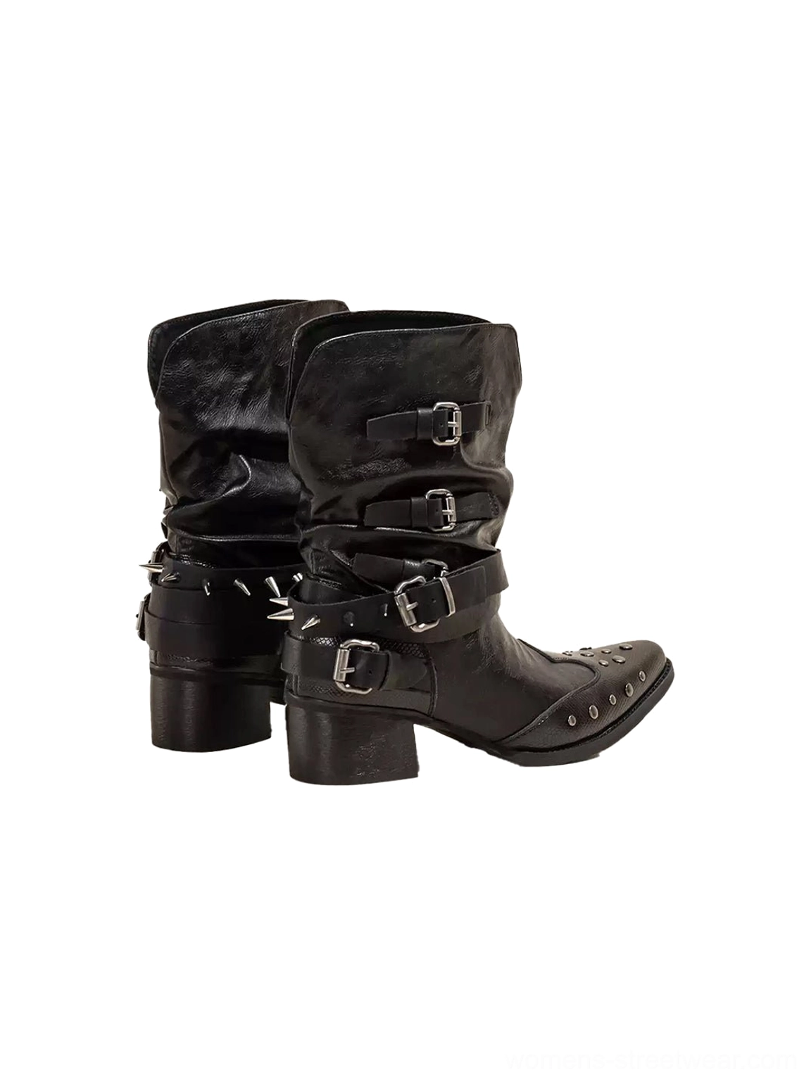 Pair of black studded pointed toe western boots with silver buckle straps on white background