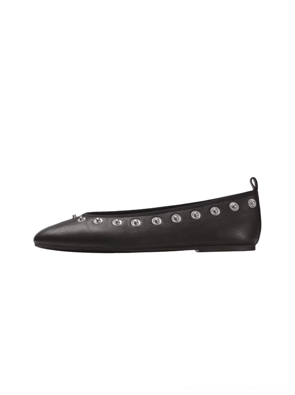 Black studded square-toe ballet flat with matte finish and back heel pull tab
