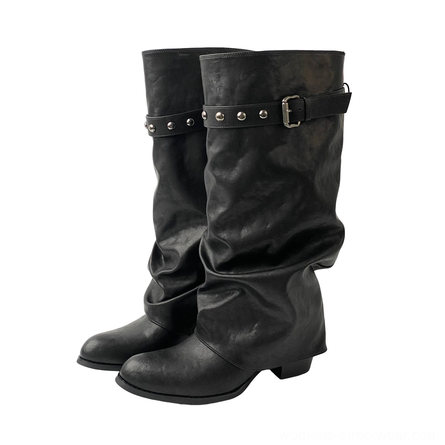 Black studded strap slouch tall boots shown from the front with pointed toes, relaxed shafts, low block heels, and removable buckle details
