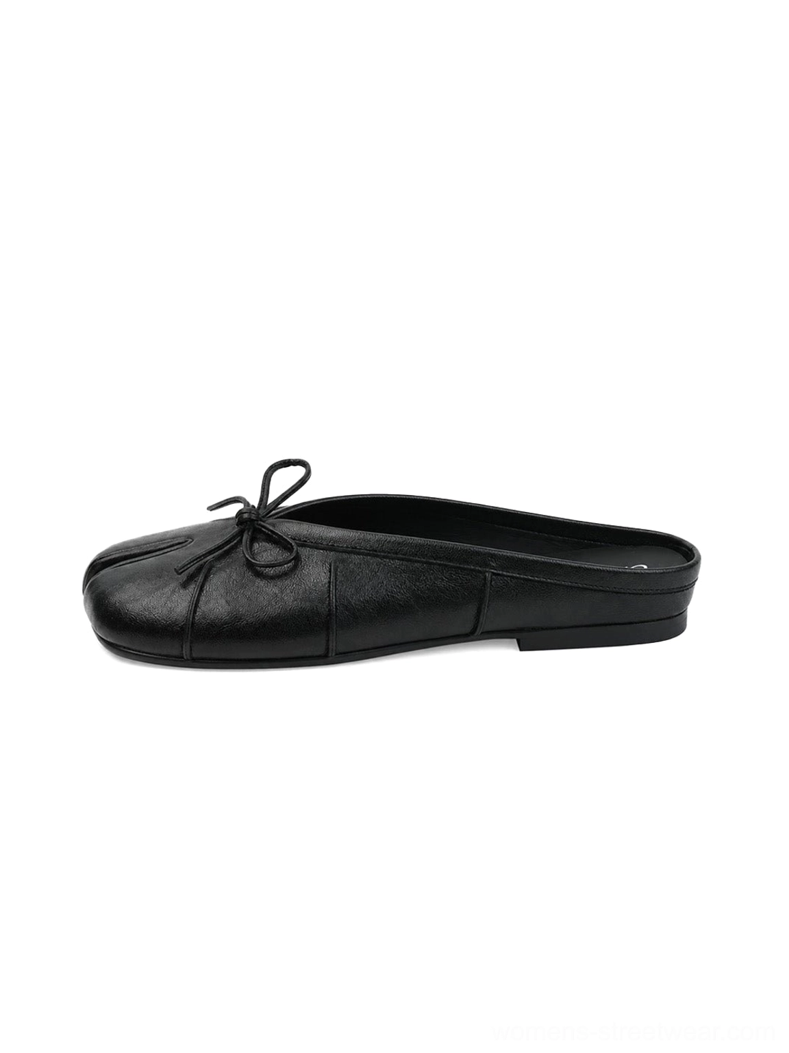 Black split tabi toe bow strap slip-on mules shown from a top view with a low-profile flat sole