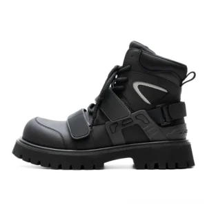 Black tactical harness platform combat boots in matte PU leather with reflective geometric side detail and chunky lug sole side profile