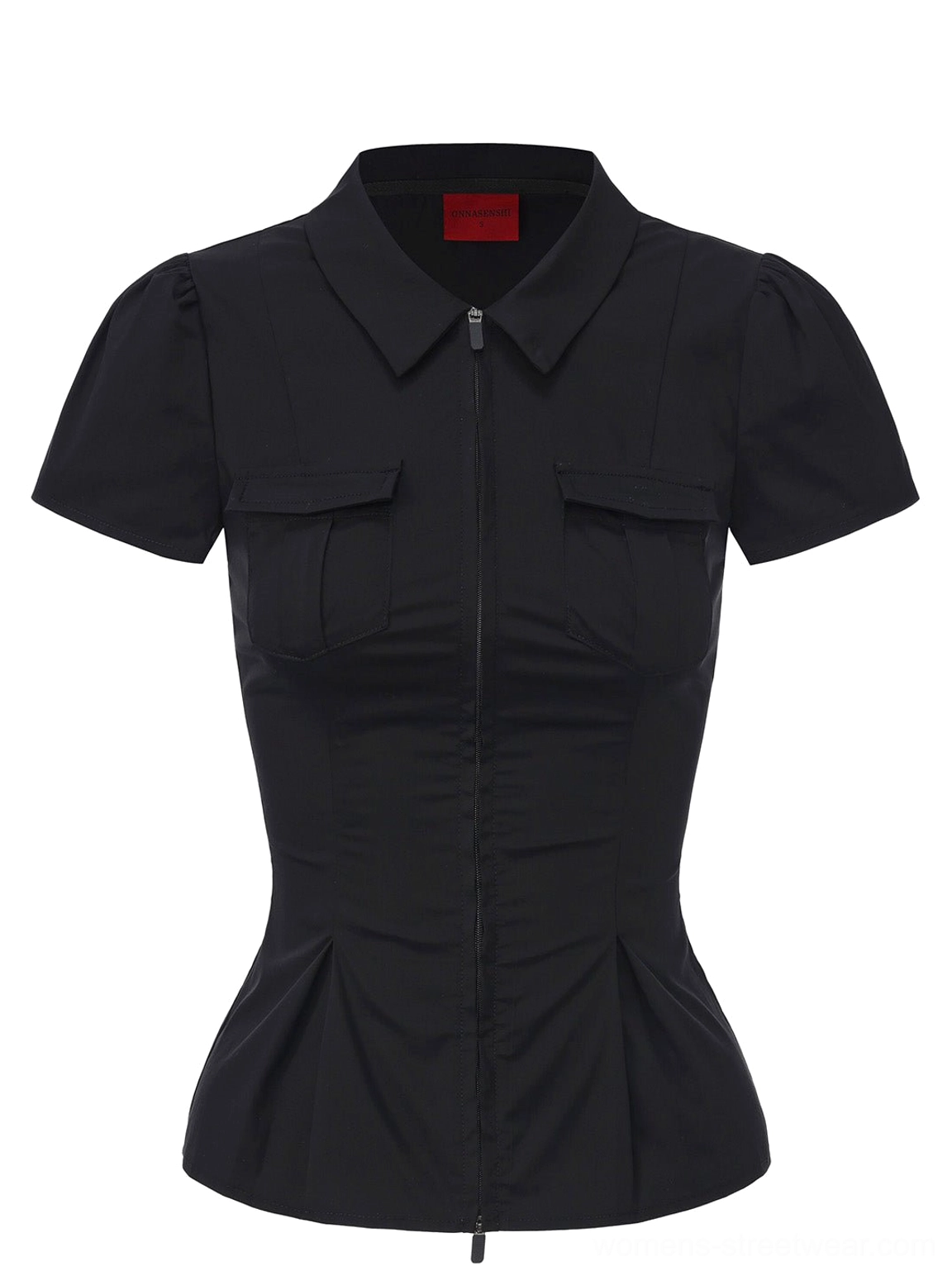 Black tailored zip-up blouse with point collar chest flap pockets and structured short puff sleeves flat lay