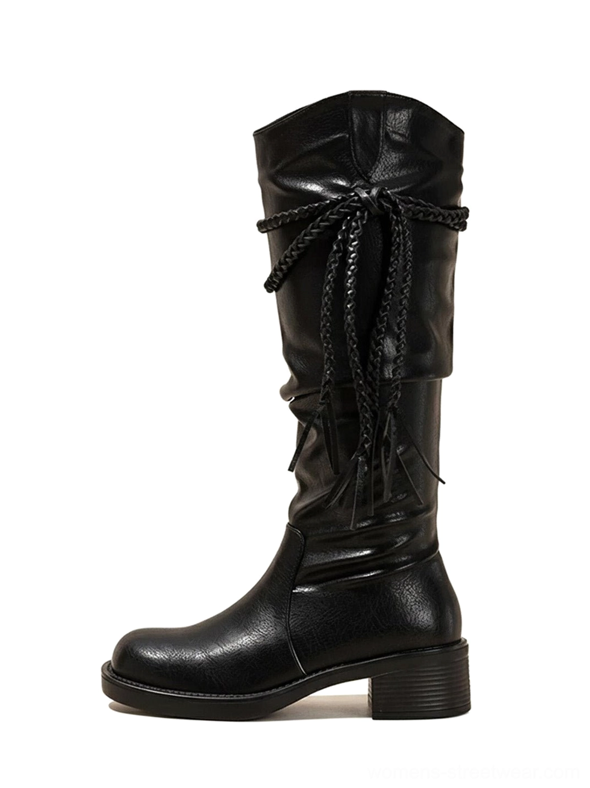 Black tassel lace over-the-knee riding boots in left side view with slouchy microfiber shaft and low chunky block heel