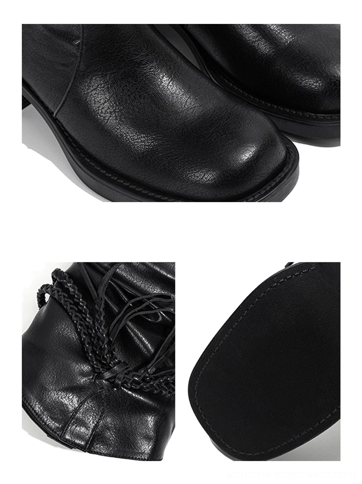 Close-up details of black over-the-knee riding boots featuring textured microfiber toe braided tassel lace and treaded outsole