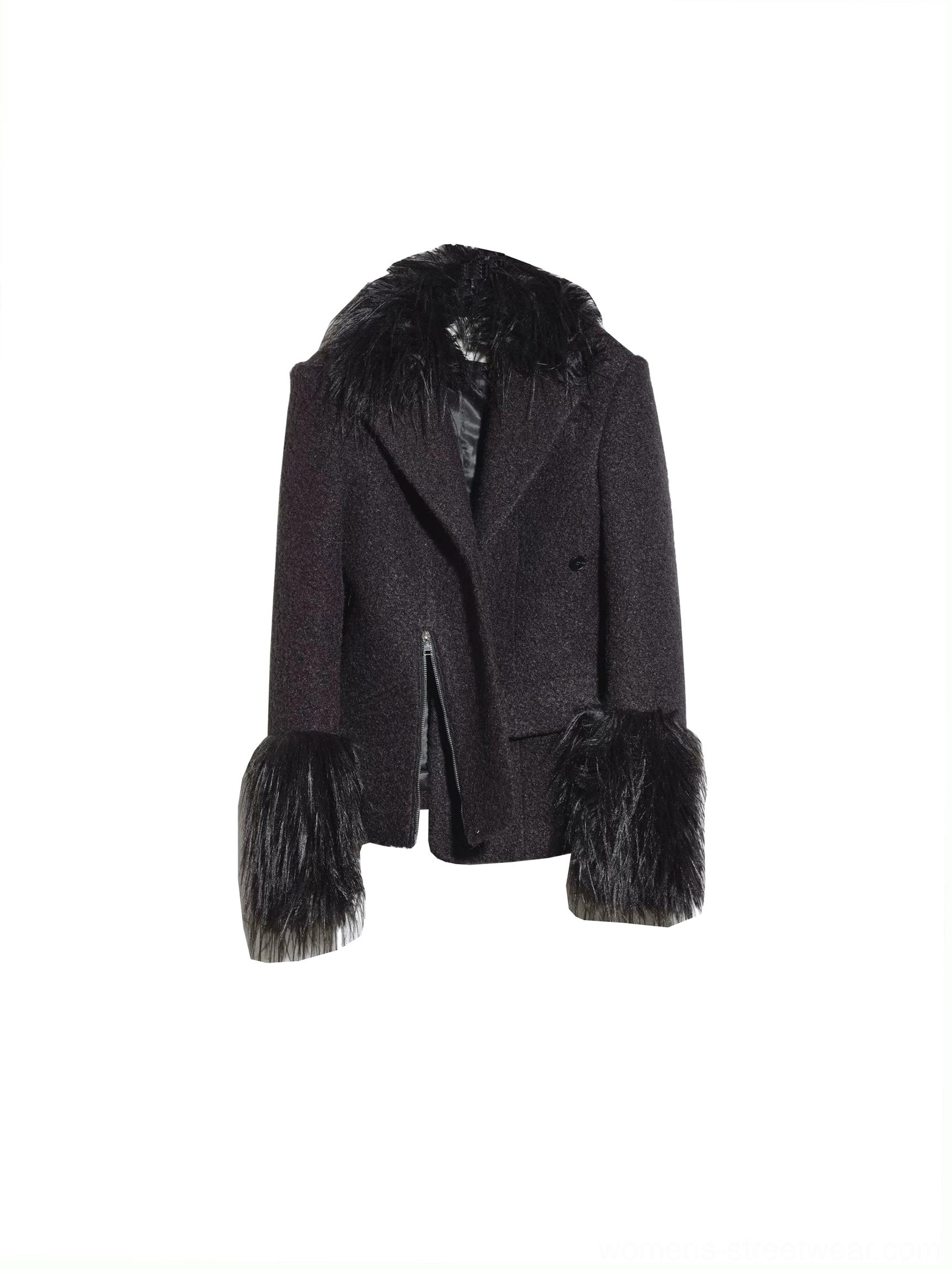 Flat lay of a black textured faux fur cuff tailored coat showing the attached faux fur neckline trim asymmetrical front zipper pockets and lined interior