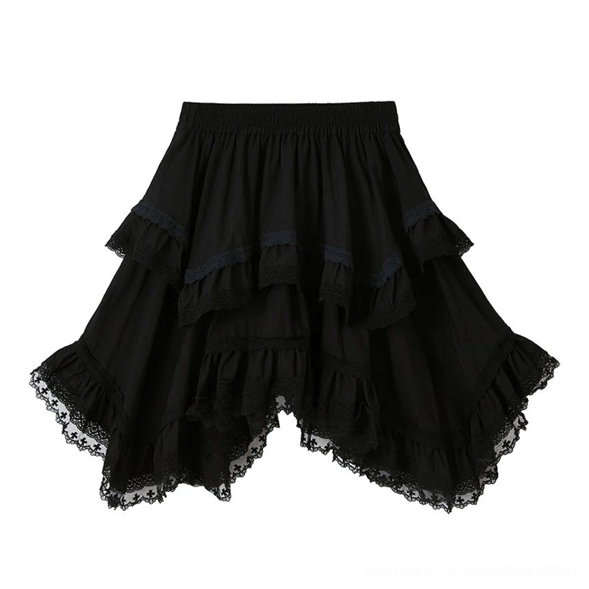 Black tiered lace midi skirt product view with layered ruffles, feminine lace trim, flowing silhouette, and contemporary streetwear styling